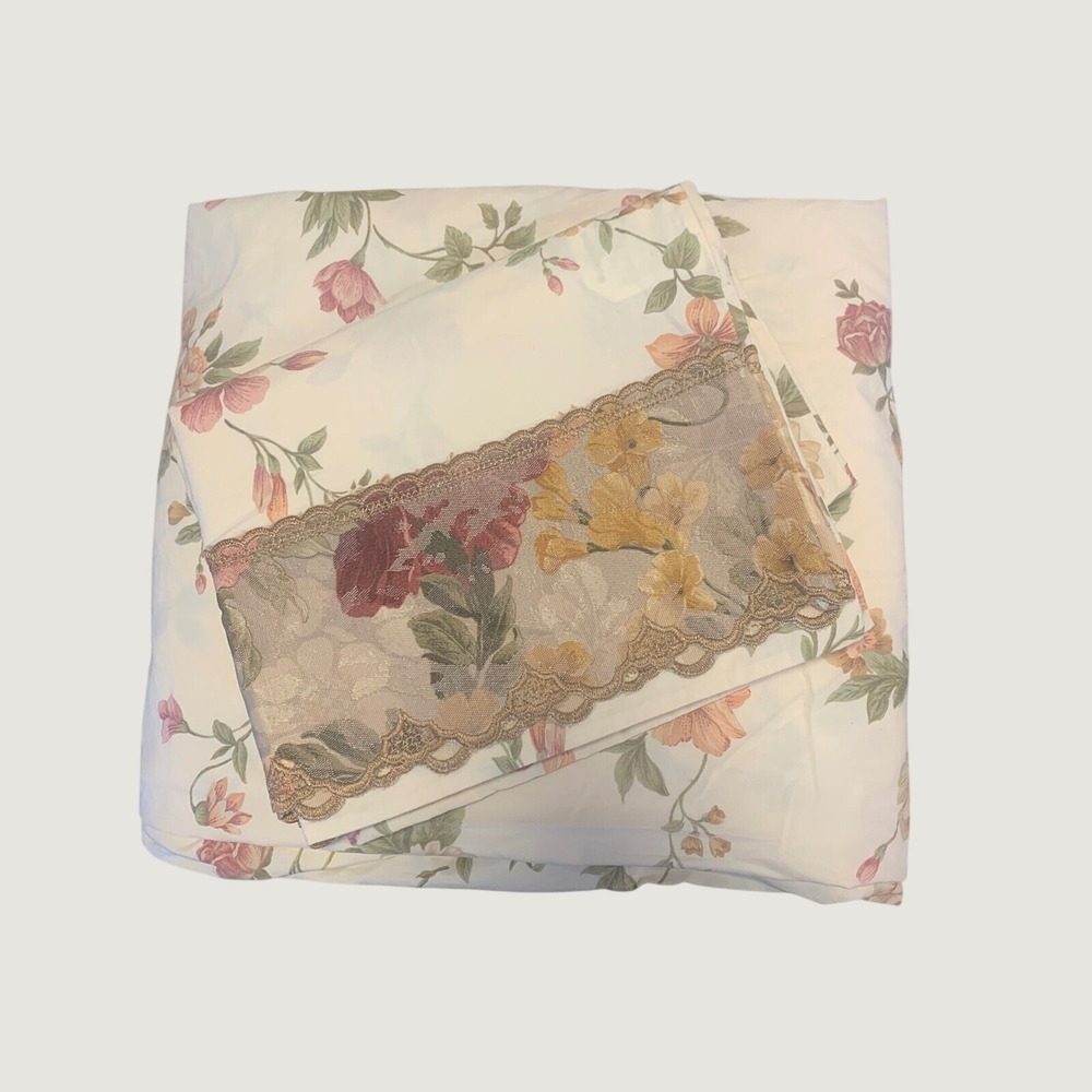 Burlington Vintage Floral Cotton Percale Fitted Sheet 2 Pillowcases Lace Trim